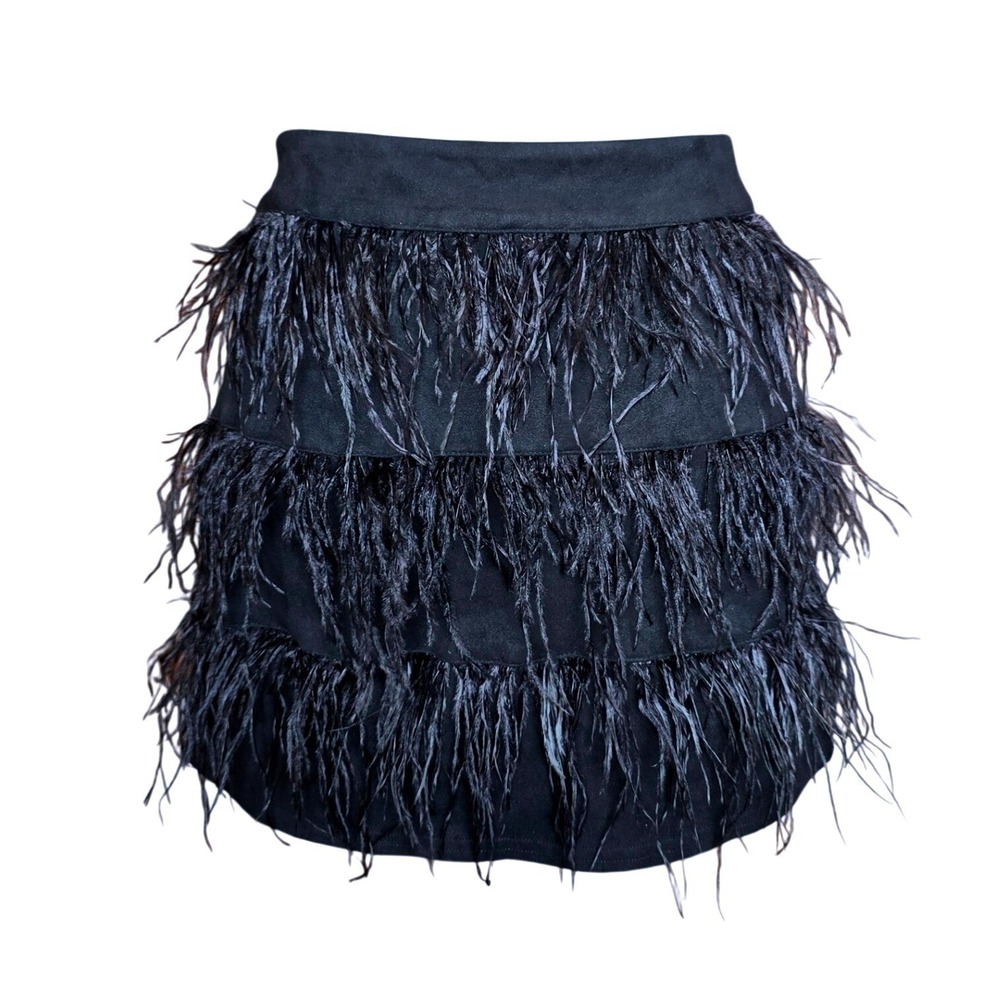 Blue B Black Feather Trim Tiered‎ Mini Skirt Womens Medium Y2K Party Glam M